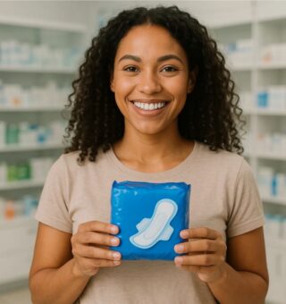 Uma mulher com pacote de absorvente na mão, após se inscrever no Programa Dignidade Menstrual