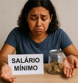 Uma mulher triste porque não consegue guardar dinheiro ganhando 1 salário mínimo