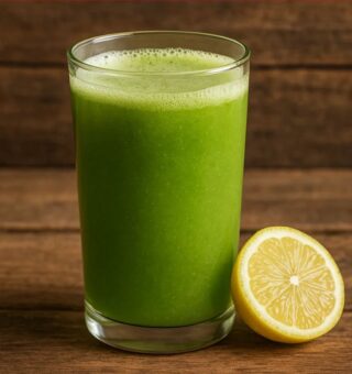 Um copo com suco de leguminosa ao lado de um limão