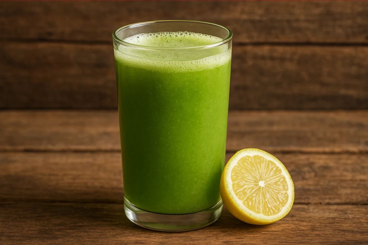 Um copo com suco de leguminosa ao lado de um limão