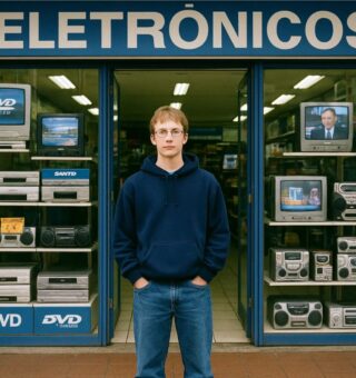 um jovem e frente a uma loja de eletrônicos