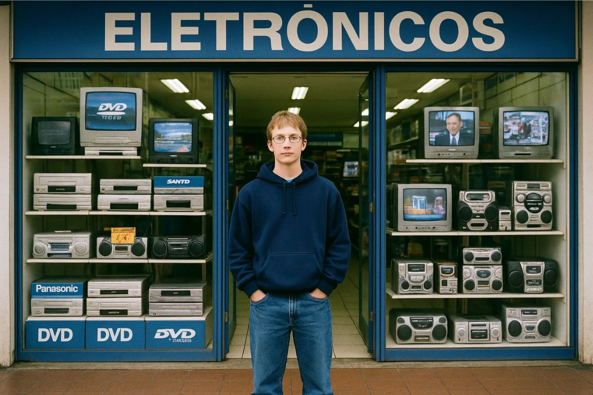 um jovem e frente a uma loja de eletrônicos