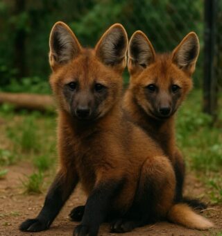 Imagem de dois lobos guarás que nasceram no zoológico de SP