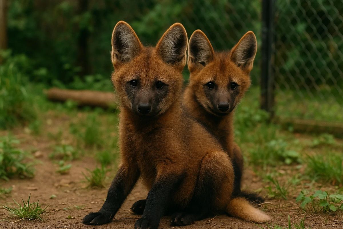 Imagem de dois lobos guarás que nasceram no zoológico de SP
