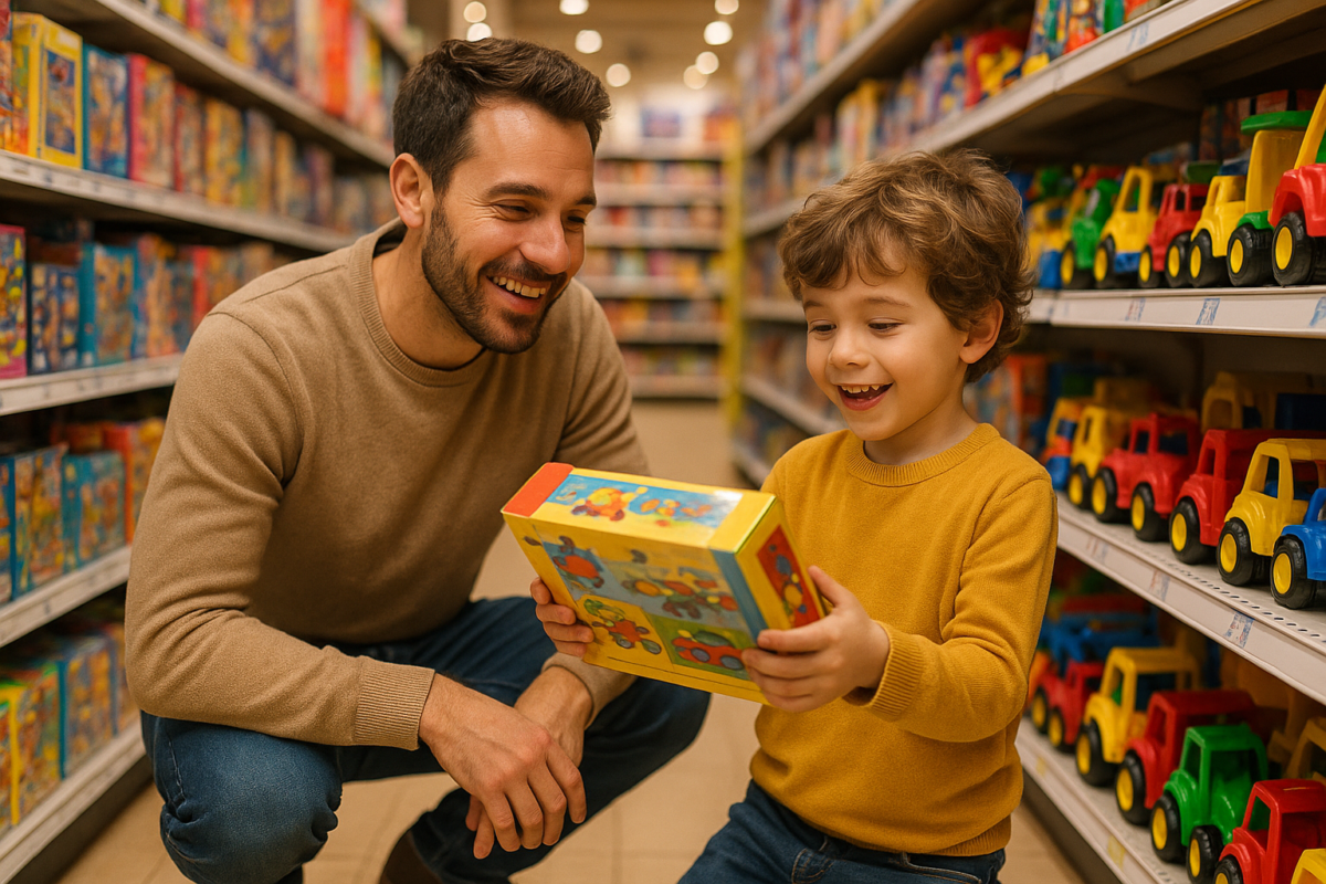 Um adulto ao lado do seu filho que está com uma caixa de brinquedos na mão