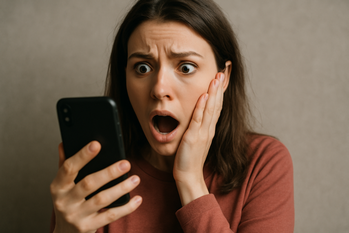Uma mulher assustada ao ver a bateria do seu celular