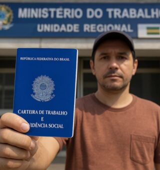 Um dos 39 mil CLTs com sua carteira de trabalho na mão. Ao fundo, há a placa da unidade do Ministério do Trabalho