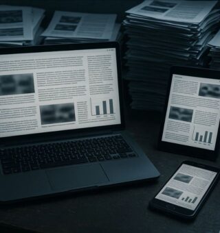 Exemplo de conteúdo de IA Slop na tela de notebook, celular e tablet