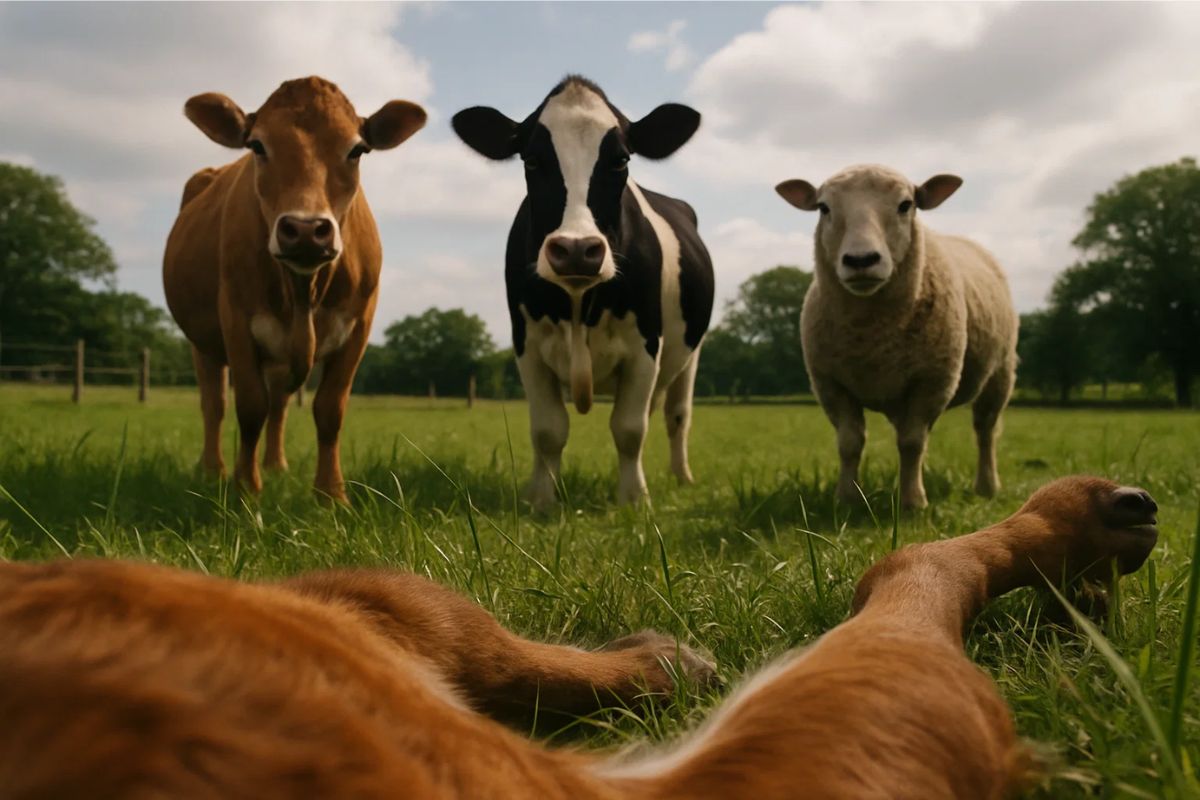 Animal que cai duro (POV). Na imagem dá pra ver dois bois e uma ovelha