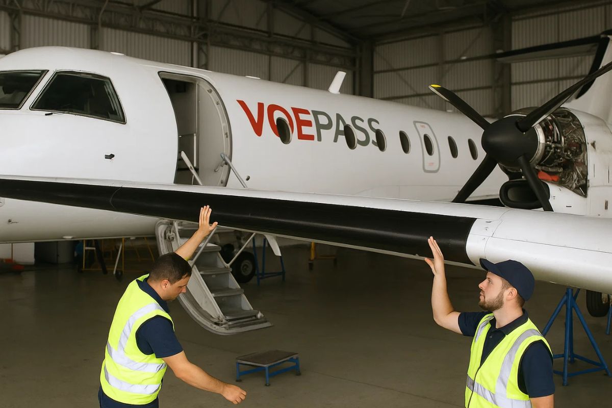 Técnicos arrumando o Avião da Voepass