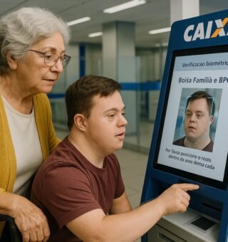 Uma avó acompanha seu neto, beneficiário do BPC par atualizar as informações em um caixa da Caixa Econômica