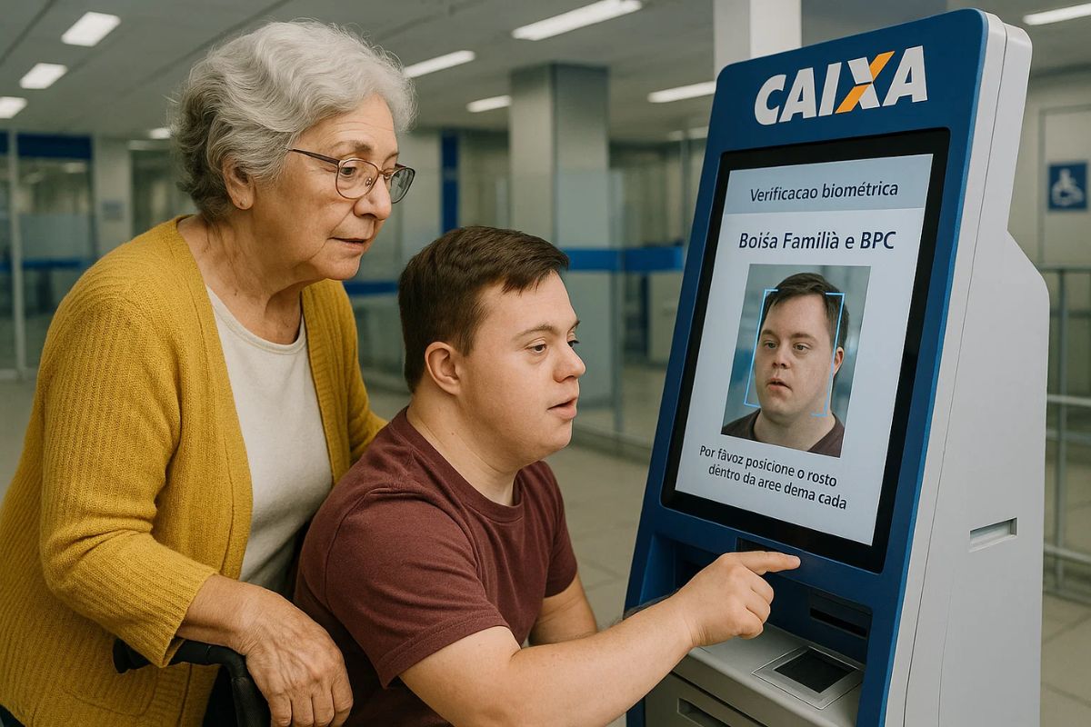 Uma avó acompanha seu neto, beneficiário do BPC par atualizar as informações em um caixa da Caixa Econômica