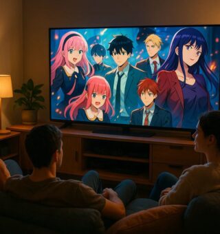 Alguns amigos na sala, sentados no sofá, vendo animes na Bandplay