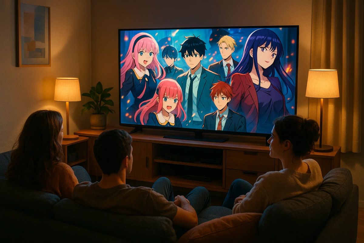 Alguns amigos na sala, sentados no sofá, vendo animes na Bandplay