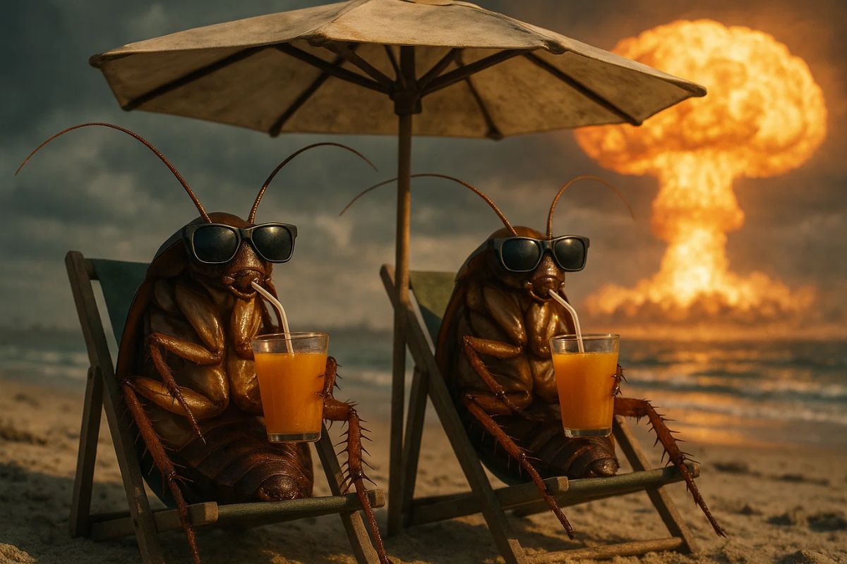 Duas Baratas assistindo uma explosão nuclear enquanto bebem um suco de cenoura