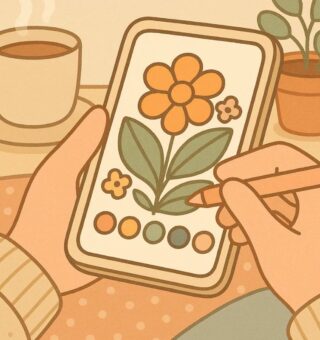 Ilustração de uma pessoa pintando em seu celular