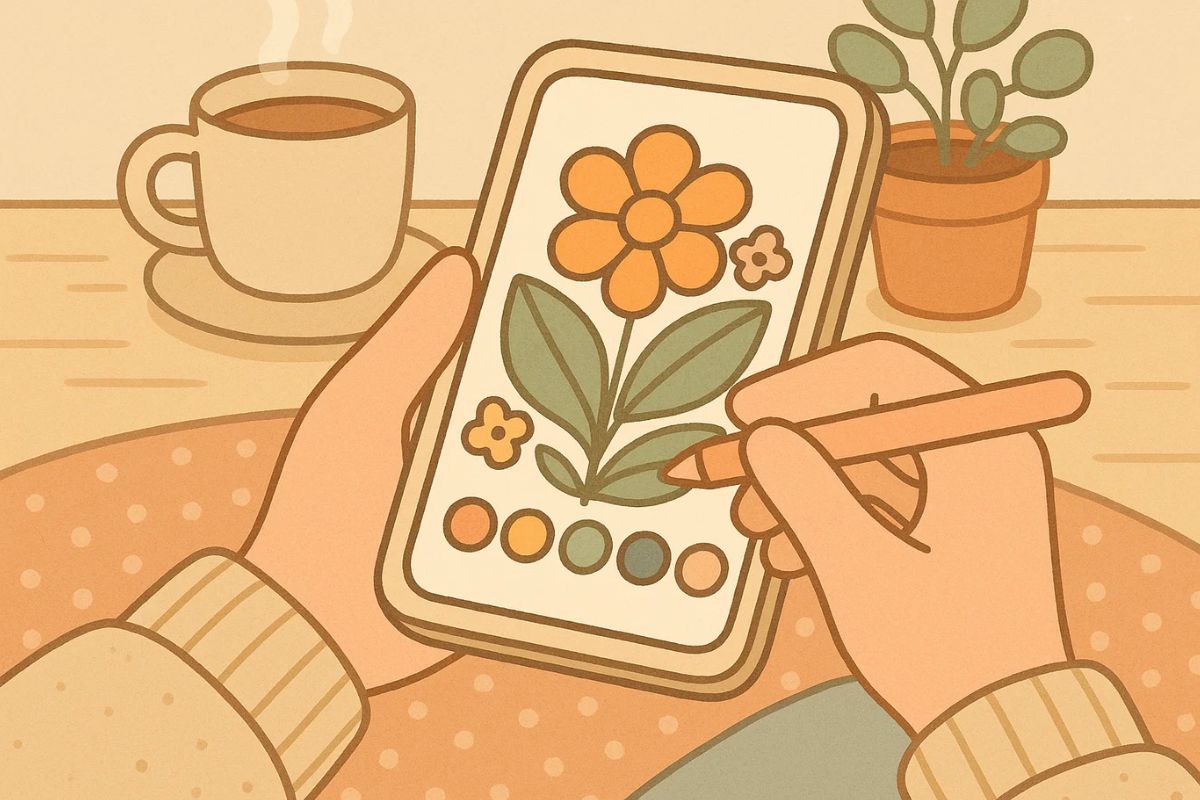 Ilustração de uma pessoa pintando em seu celular