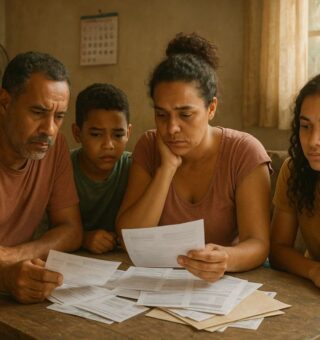 Uma família reunida preocupada com a nova regra do Bolsa Família