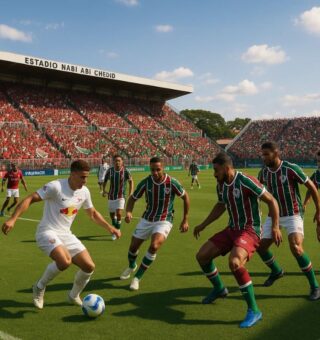 Retrato de jogadores no campo durante o confronto do Bragantino x Fluminense