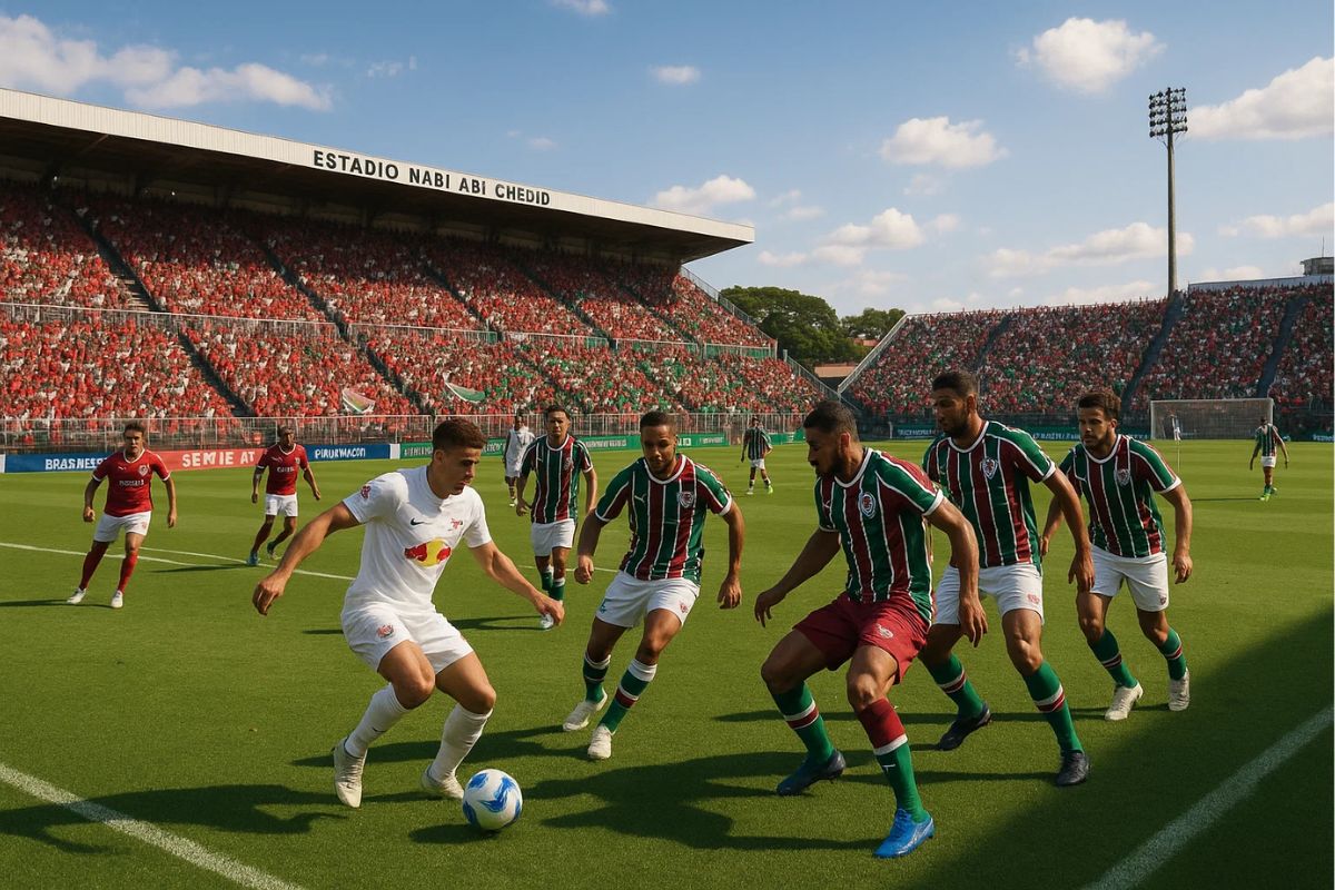 Retrato de jogadores no campo durante o confronto do Bragantino x Fluminense