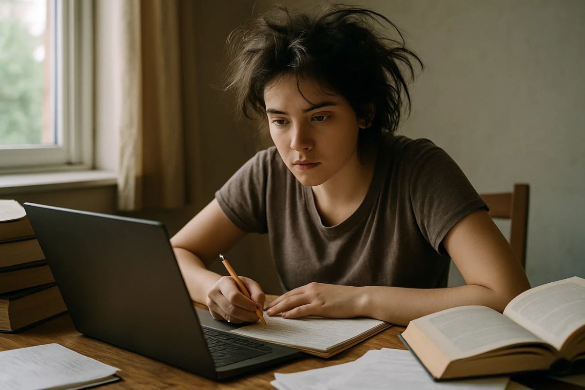 Uma pessoa estudando com o Cabelo bagunçado