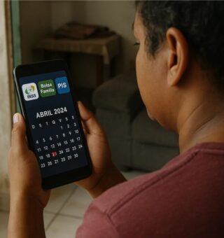 Uma pessoa com o celular na mão consultando o Calendário Agosto 2025
