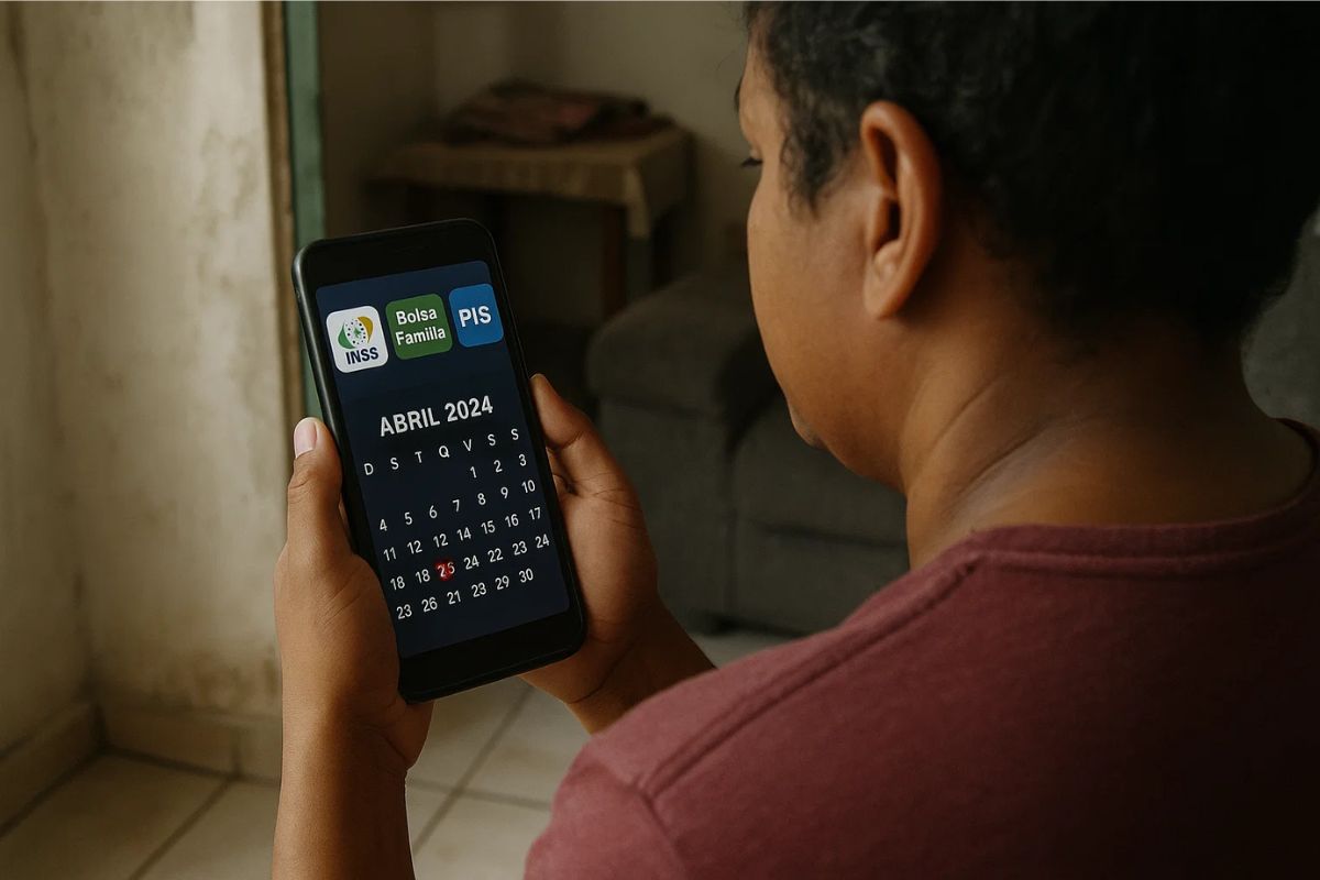 Uma pessoa com o celular na mão consultando o Calendário Agosto 2025