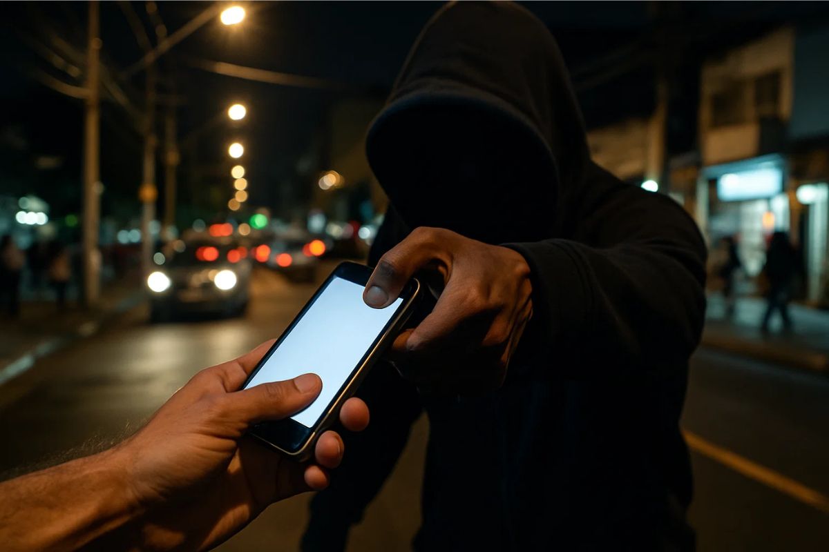 Uma pessoa praticando o roubo de celular à noite na rua