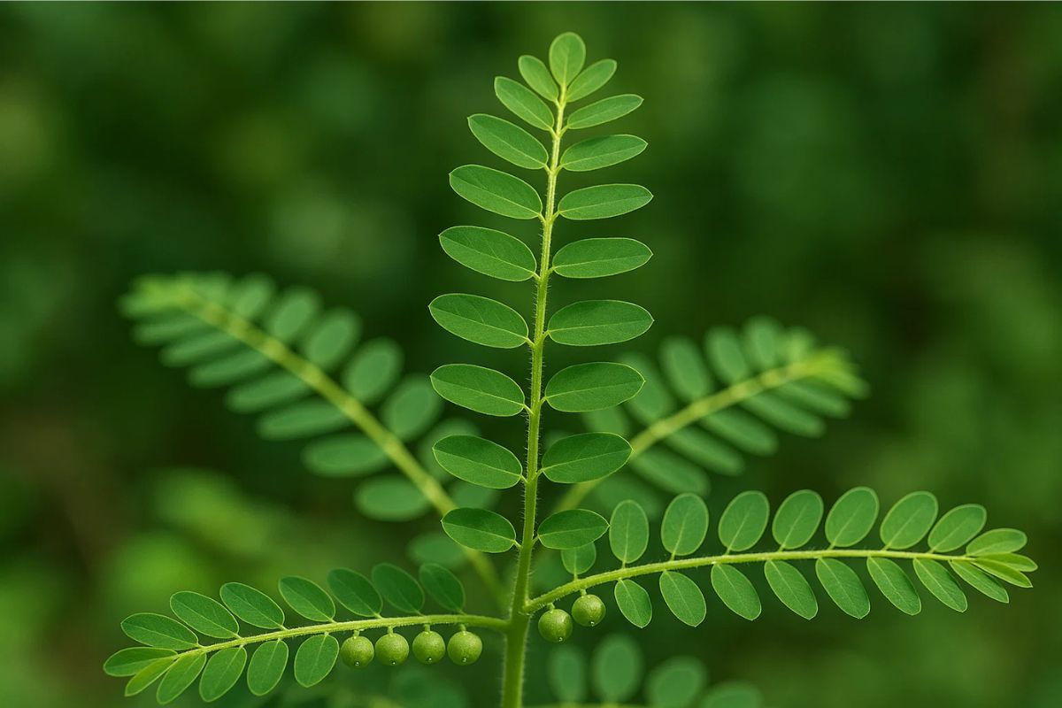 Imagem com foco na planta do Chá de quebra pedra