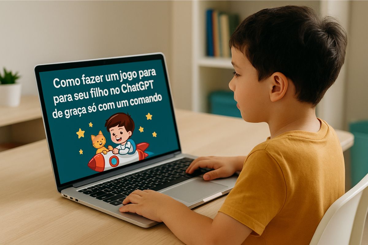 Uma criança no notebook depois do seu pai ver Como fazer um jogo para seu filho no ChatGPT