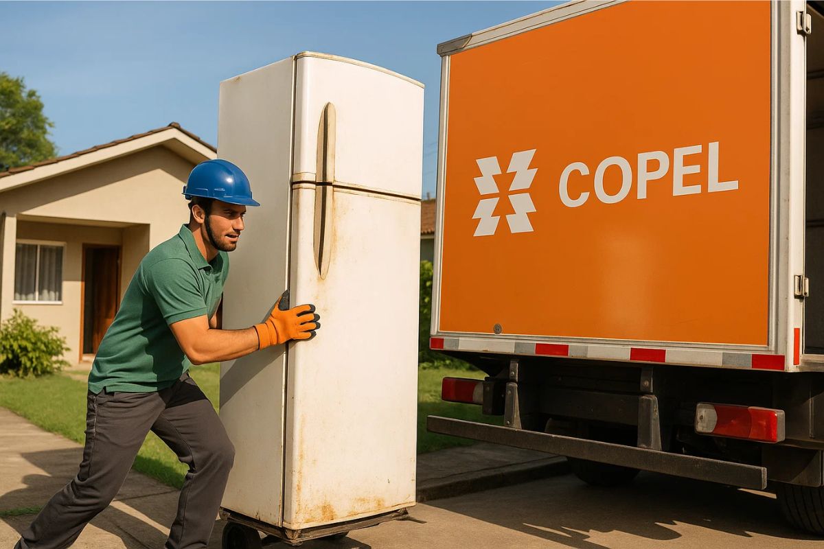 Um profissional retirando a geladeira da casa após a iniciativa da Copel