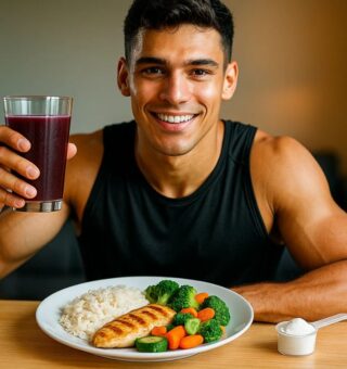 Um rapaz sentado com um copo de suco de uva não, um prato com comida em sua frente e um scoop com creatina