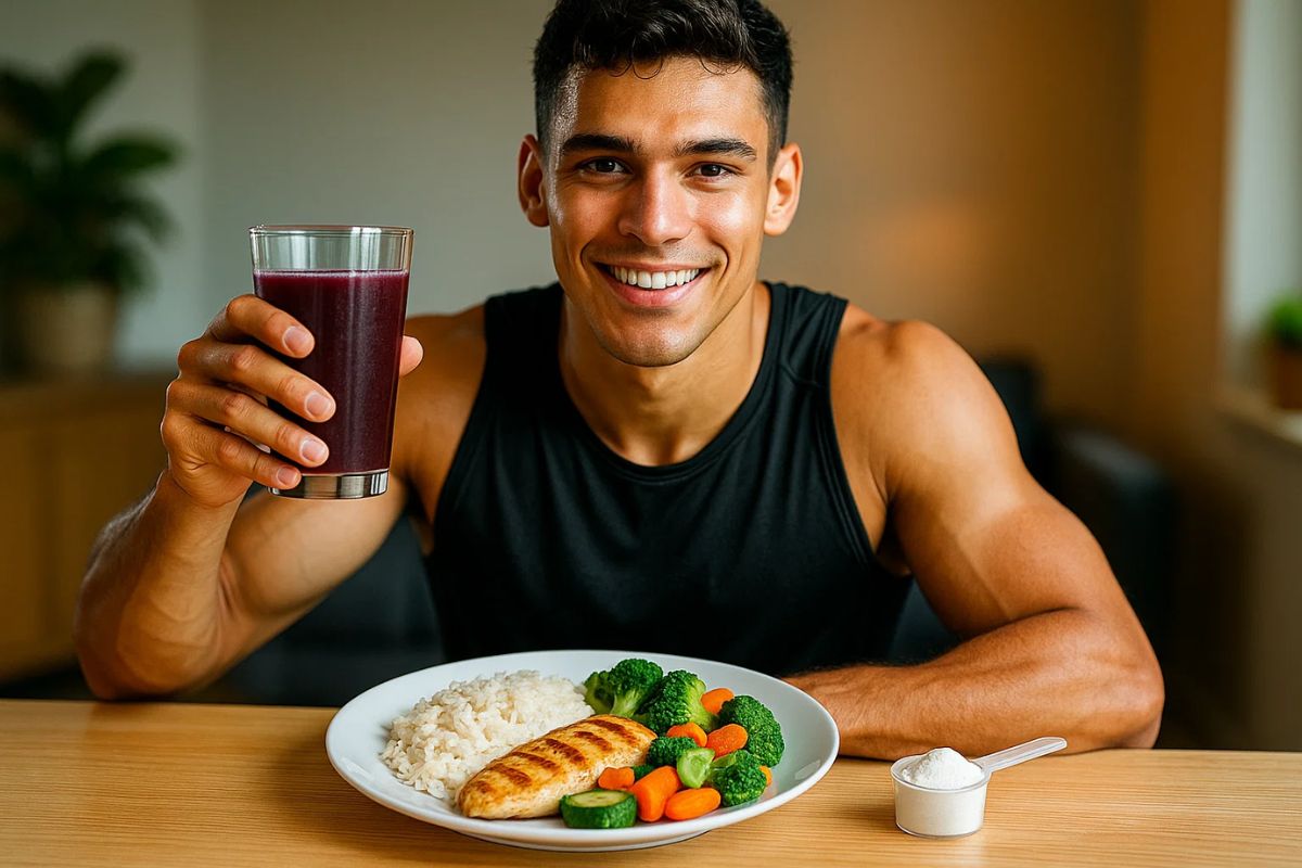 Um rapaz sentado com um copo de suco de uva não, um prato com comida em sua frente e um scoop com creatina 