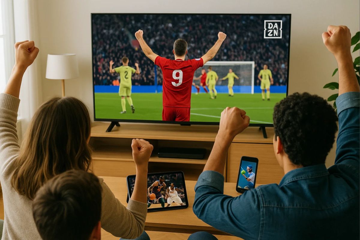 Uma família assistindo futebol no Dazn