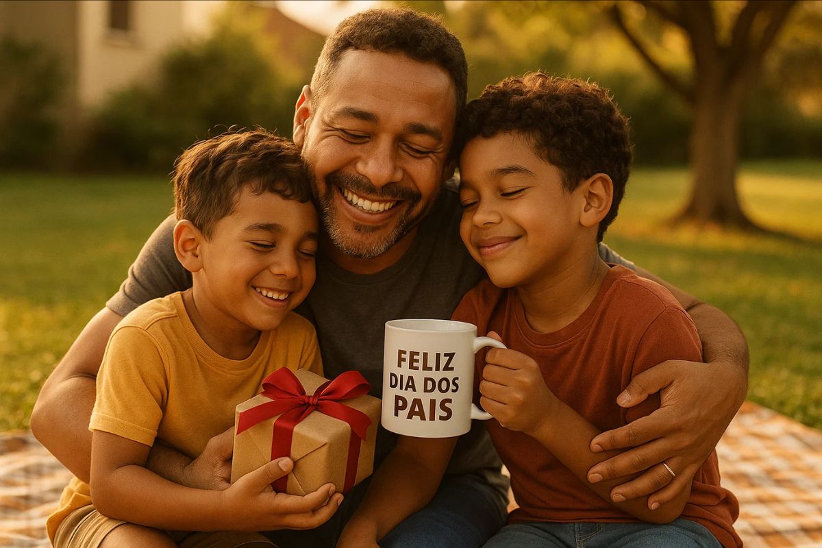 Dia dos pais: um pai abraça uma filha e um filho