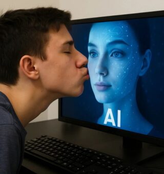 Um jovem beija a tela do seu computador, encantado após o Efeito Her