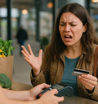 Uma mulher irritada vendo o erro 62 no cartão de crédito enquanto tenta realizar uma compra