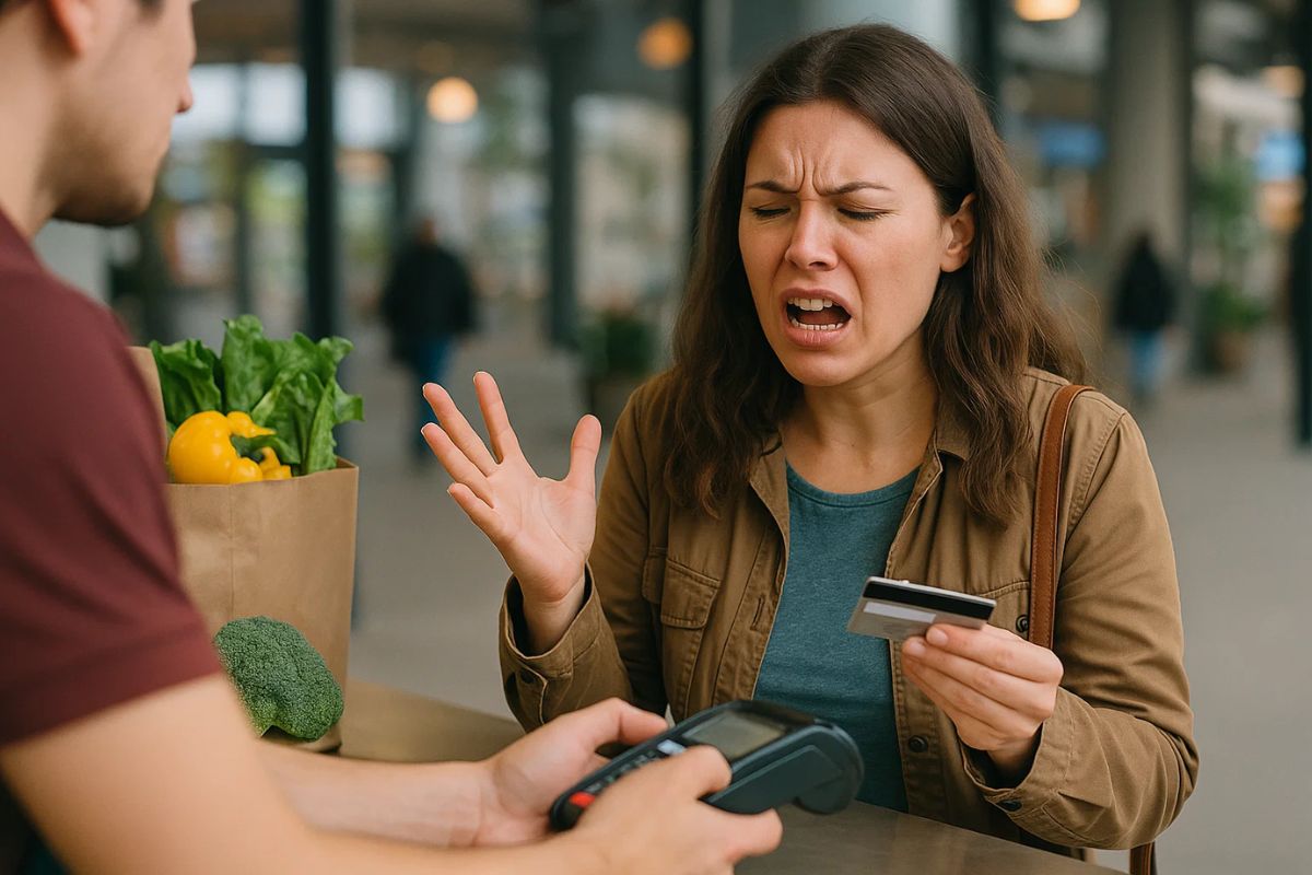Uma mulher irritada vendo o erro 62 no cartão de crédito enquanto tenta realizar uma compra