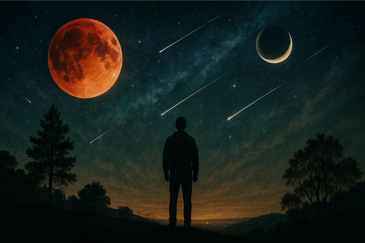 Uma pessoa á noite observando o céu sob eventos astronômicos