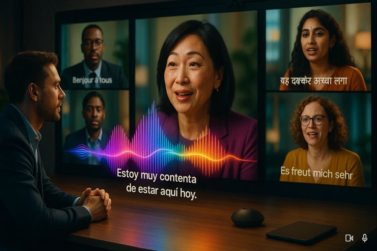 Pessoas em uma reunião do Google Meet usando a tradução simultânea
