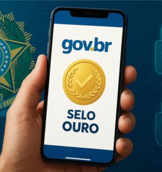 Imagem de um celular e na tela está o Gov.br