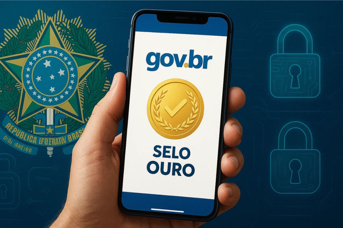Imagem de um celular e na tela está o Gov.br