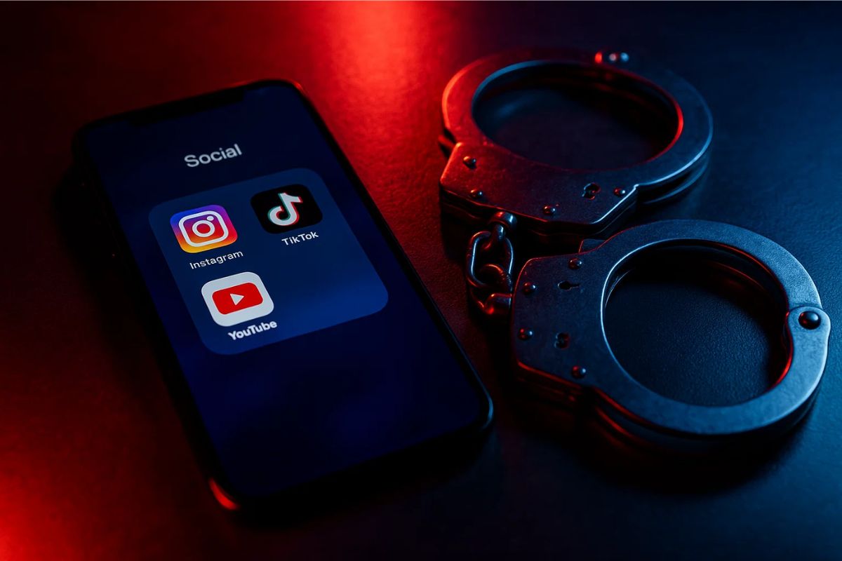 Uma algema ao lado de um celular representando a prisão de Influenciadores Digitais