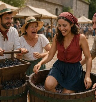 Pessoas fazendo vinho na Itália Brasileira