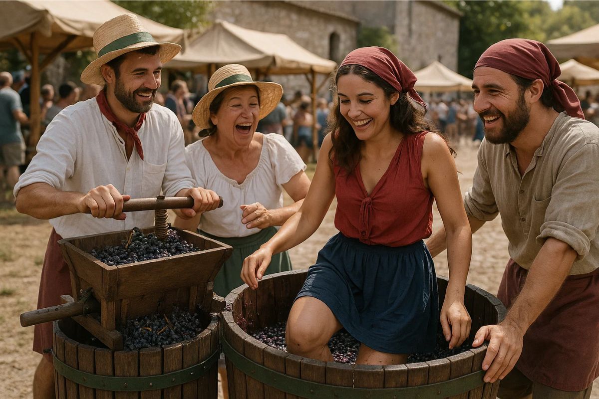 Pessoas fazendo vinho na Itália Brasileira