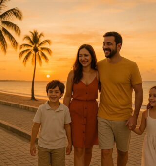 uma família andando durante o pôr do sol em João Pessoa
