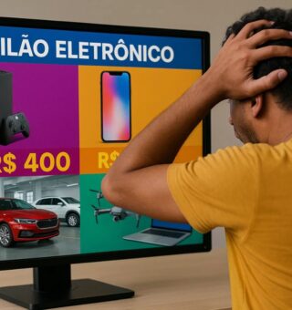 Um homem em frente ao computador espantado com o Leilão da Receita Federal