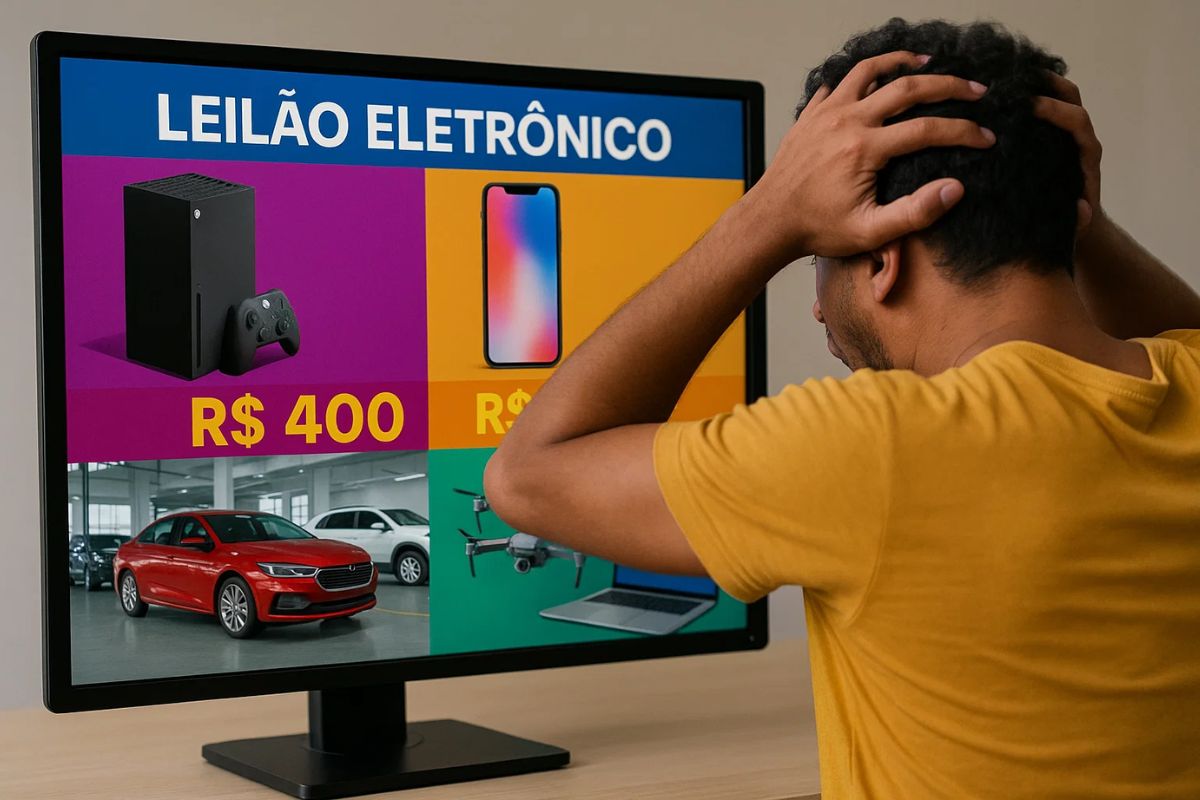 Um homem em frente ao computador espantado com o Leilão da Receita Federal