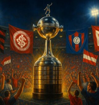 Imagem do campo e taça com torcedores ao redor, ilustração da Libertadores em chamas