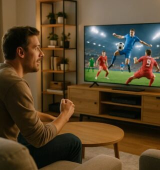 Um rapaz vendo um jogo da Liga dos Campeões na sala de casa